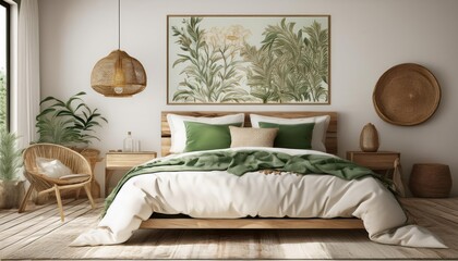 Cozy White and Green Farmhouse Bedroom Mockup with Boho Decor Boasting Wallpaper, Wood Furniture, and a Hint of Nature in the Rustic Interior.