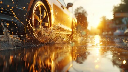 A car wheel slides through a large puddle, and the sun's rays reflect off the wet surface, creating a vibrant and active image of movement.