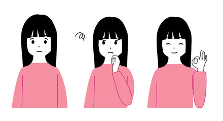Illustration of a set of avatars with a girl's smiling face, troubled face, and okay sign, upper body.