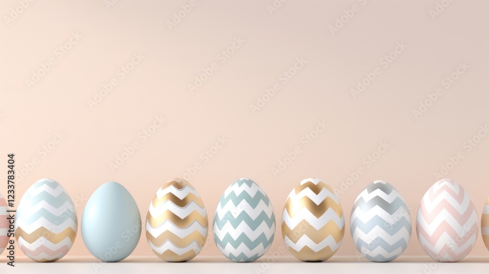 Poster decorative easter eggs in pastel colors with chevron patterns arranged neatly on a soft neutral back