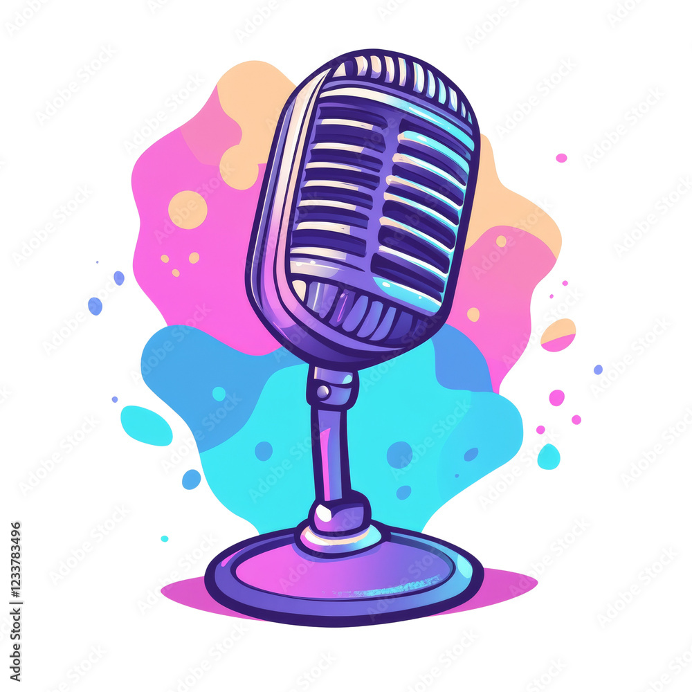 Poster a stylized illustration of a retro microphone on a colorful abstract background.