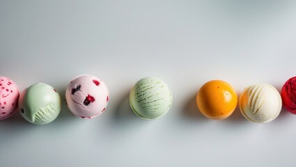 Ice creams balls strawberry pistachio almond orange and cherry top view wallpaper