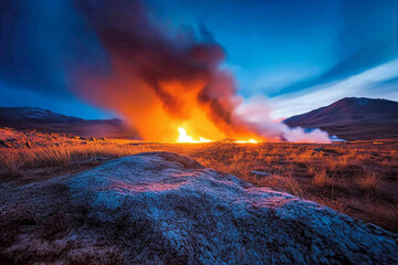 Fototapeta premium Dramatic Volcanic Eruption Against Stunning Twilight Sky with Fiery Lava and Smoke