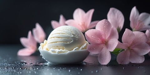 A scoop of ice cream with pink flowers on top.