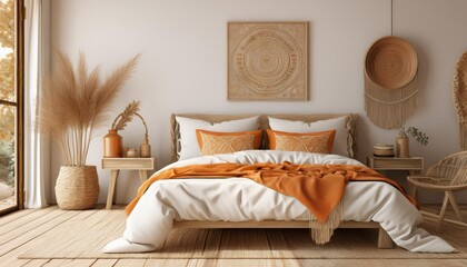 Charming Boho Farmhouse Bedroom Mockup with White and Orange Accents, Featuring Wood Furniture and Bohemian Decor. Perfect for Home Decor Inspiration or Product Showcase.