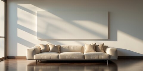 Modern Living Room with Blank Canvas on Wall and Cozy Sofa.