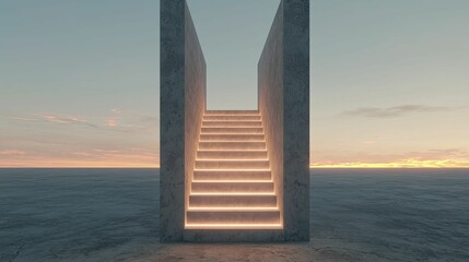 Staircase of light rising towards a boundless twilight horizon.