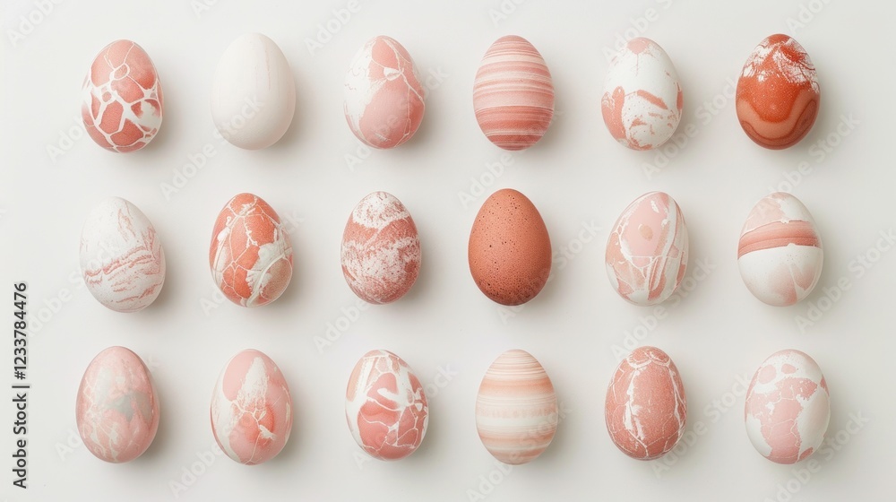 Aufkleber a collection of eggs in soft pink shades with various patterns arranged symmetrically on a light bac