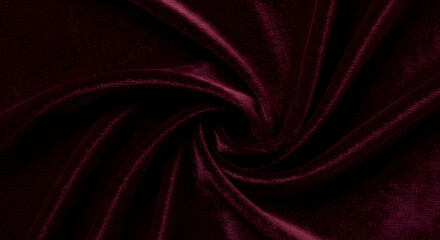Obraz premium 고급스러운 레드 와인빛깔의 벨벳 비단 융단 커튼 천 소재의 주름이 잡혀있는 연출의 곡선형 소재 재료 배경 사진