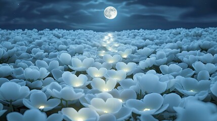 Obraz premium A trail of flower petals glowing softly in the moonlight, forming a path to the unknown.