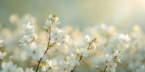 Fototapeta premium Dreamy field of white blossoms in soft green and cream hues.