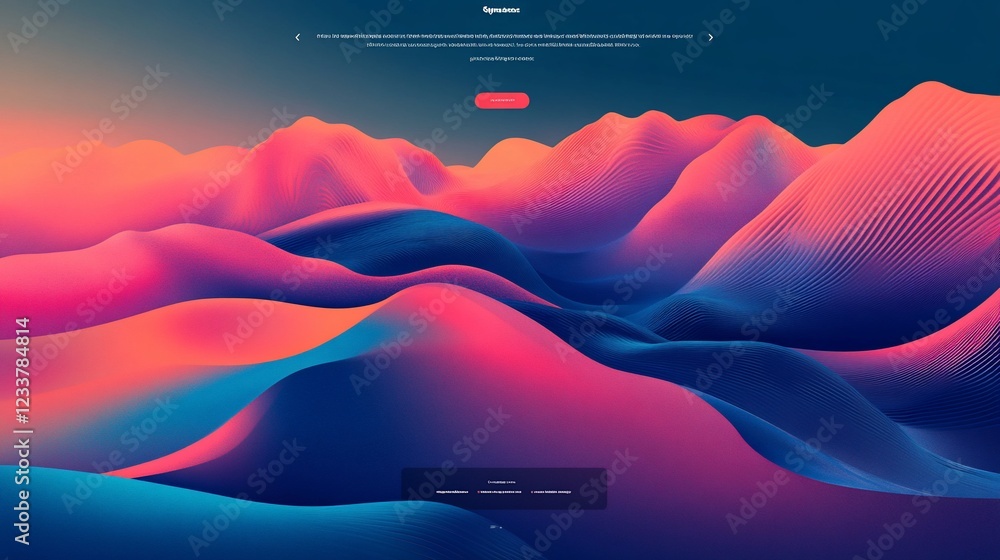 Poster abstract landscape of pink and blue waves with a text overlay and a red button