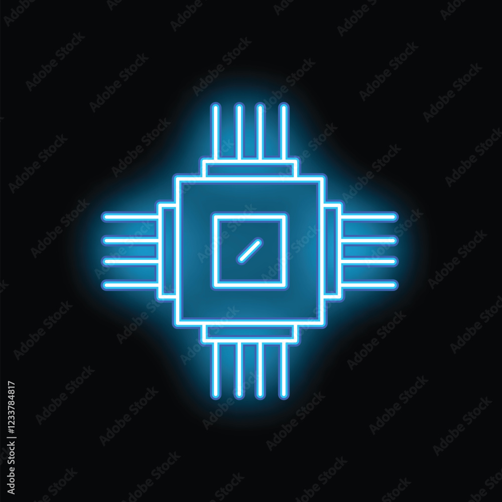 Poster blue neon cpu microchip icon glowing on a black background, representing concepts like technology, c