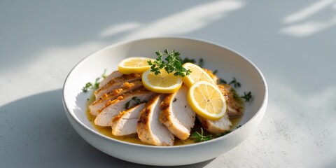 A bowl of chicken with lemon slices and herbs.