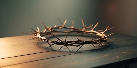 Fototapeta premium a crown of thorns is placed on a table with a light shining in the background.