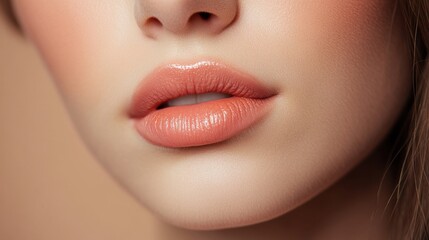Fototapeta premium Close-up of a person's lips with a soft peach-toned lipstick.
