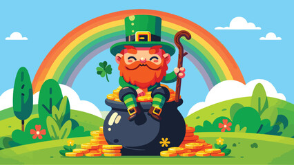 Pot of Gold Guarded by a Leprechaun, A mischievous leprechaun sitting atop a pot of gold, holding a wooden cane and smirking. Behind the leprechaun is a bright rainbow and rolling green hills 