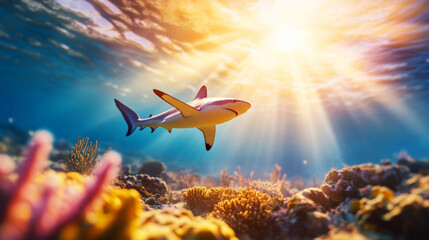Obraz premium Vibrant Underwater Scene with Shark Swimming Amidst Colorful Coral Reefs and Sunlight Rays