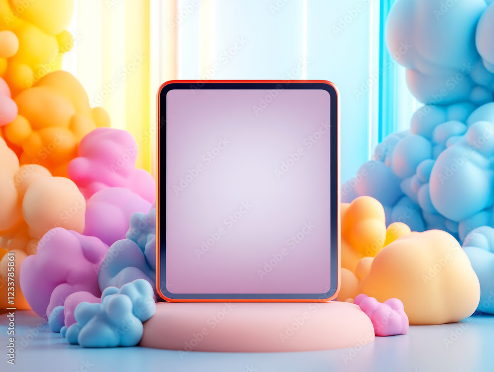 Aufkleber abstract display frame surrounded by colorful clouds and soft shapes for creative background