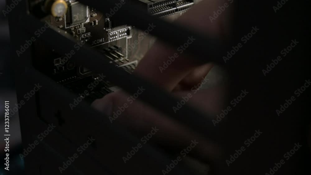 Poster connecting a cable to the underside of a computer motherboard