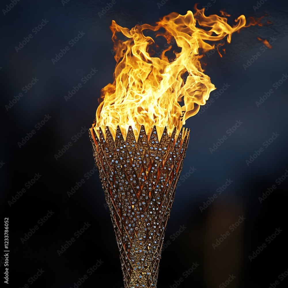 Poster golden torch with bright flame against dark background creating a powerful visual effect