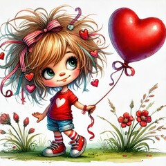 Fototapeta premium Watercolor cute Valentine girl with red heart-shaped balloon, Sketch illustration