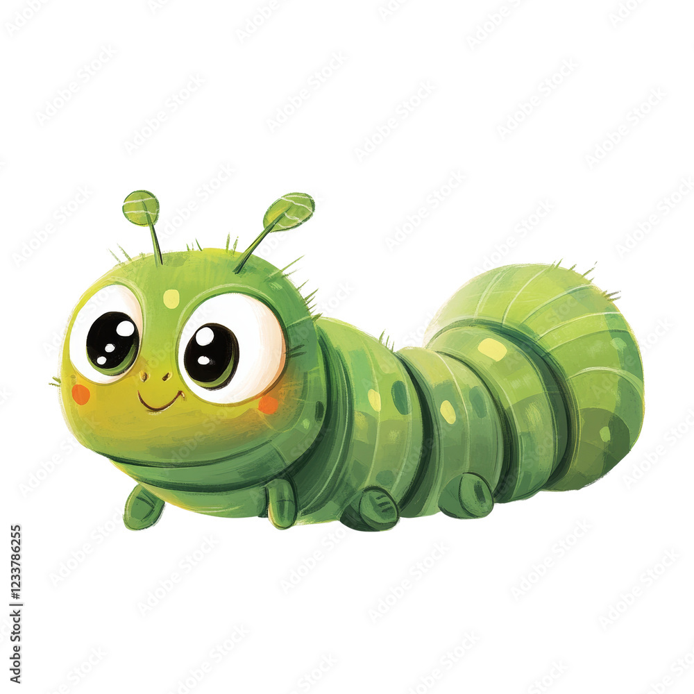 Aufkleber a digitally painted illustration of a happy green caterpillar with large eyes and a friendly express