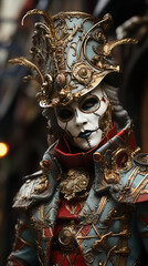   a knight standing with decorated War Suit and ornaments blurry background