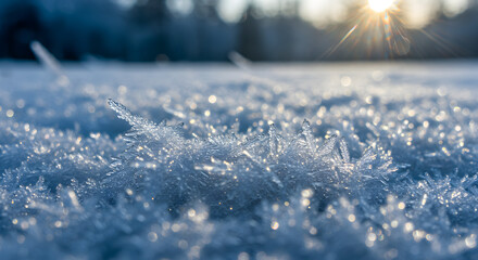 Fototapeta premium 차가운 바닥에 쌓여있는 하늘빛깔이 감도는 흰색의 눈 결정이 뽀족하고 세밀하게 보이는 겨울 풍경 배경 노을 햇살 나무 자연 밖 실외 사진