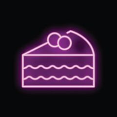 Bright pink neon sign showing a slice of cake with berries on top, on a black background