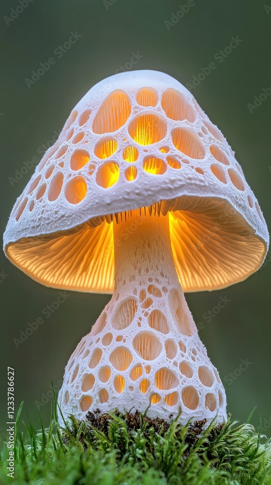 Poster glowing macro shot of intricate white mushroom cap nature scene close-up view soft texture details