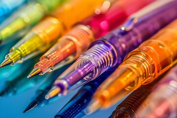 Obraz premium Close up of colorful pens with reflection on glass surface