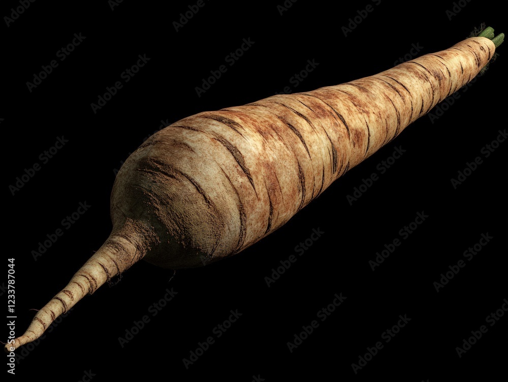 Poster a single parsnip root vegetable displayed against black
