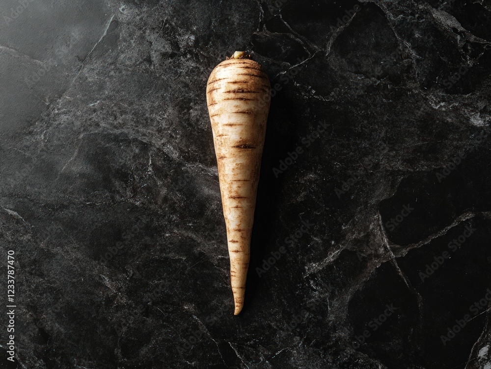 Poster single parsnip root rests on dark marble background