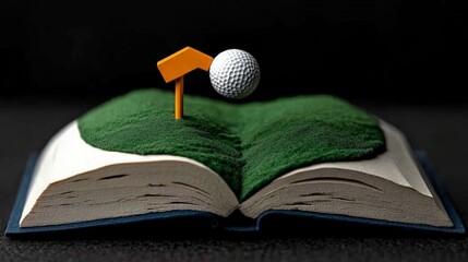 Golf Course in Story: A captivating image presents a golf ball levitating over a meticulously crafted miniature golf course constructed within the pages of an open book.