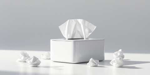 White tissue box with crumpled tissues on a clean background.