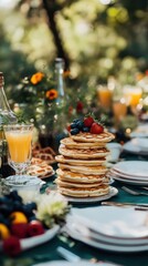 Naklejka premium Delicious Pancakes Stacked High With Berries Outdoors