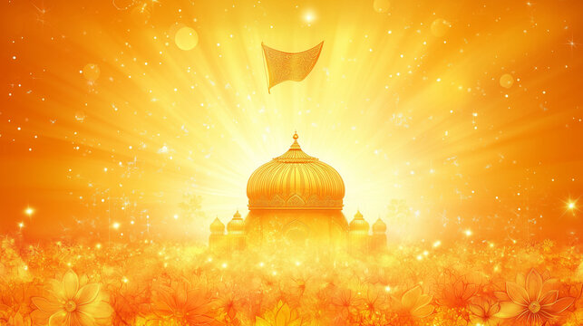 A vibrant banner for Khalsa Sajna Divas with orange and golden yellow gradients, Nishan Sahib fluttering majestically in the top center