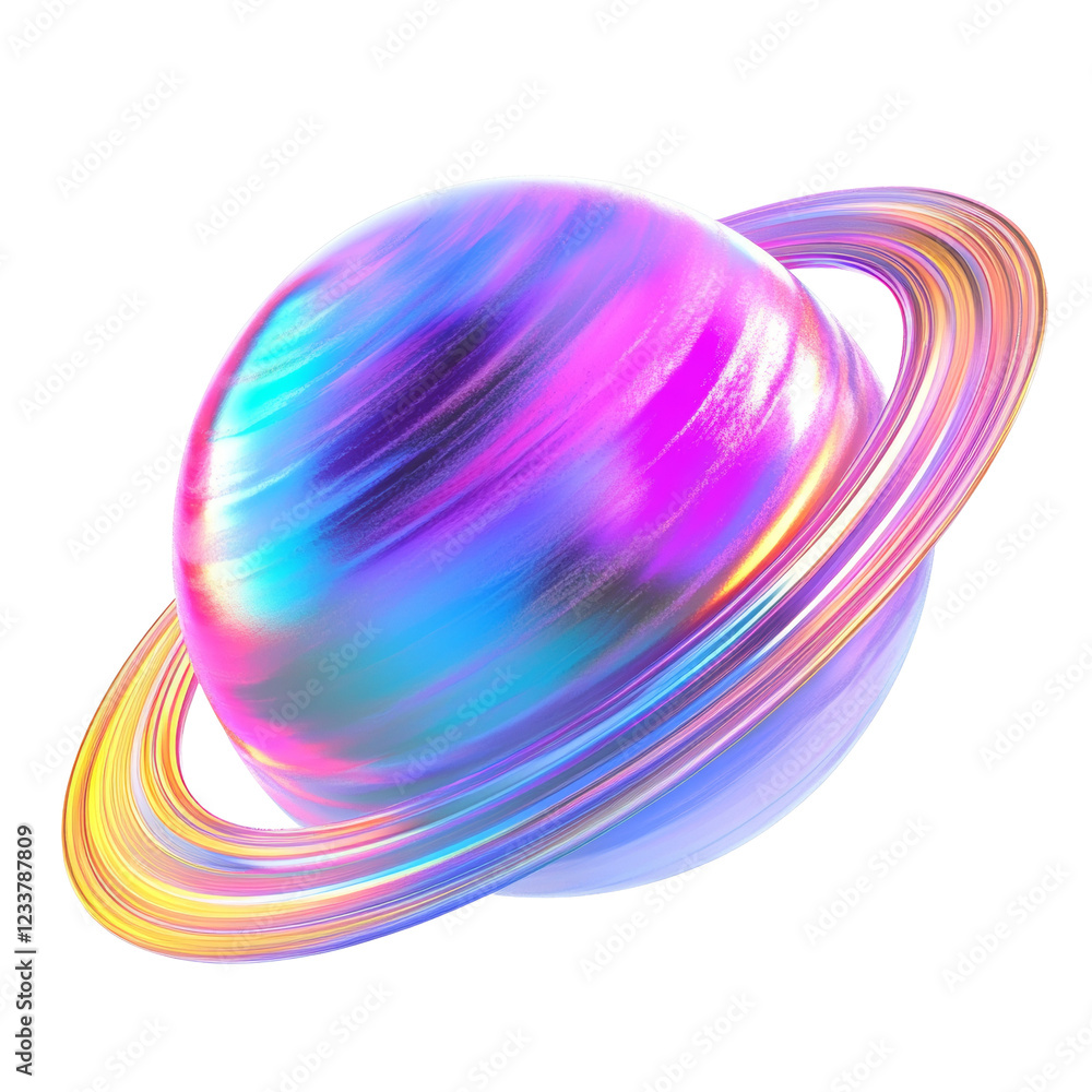 Poster a digitally rendered image of a vibrant iridescent planet with a prominent ring system set against a