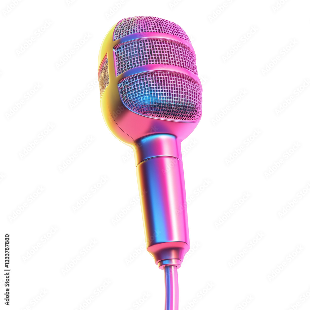 Poster the image shows a digitally rendered retro microphone with a vibrant iridescent finish against a bla