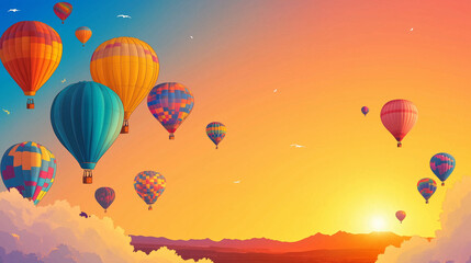 Obraz premium Albuquerque International Balloon Fiesta banner with bright sky blue and golden orange gradient background, colorful hot air balloons in various patterns floating on the left side