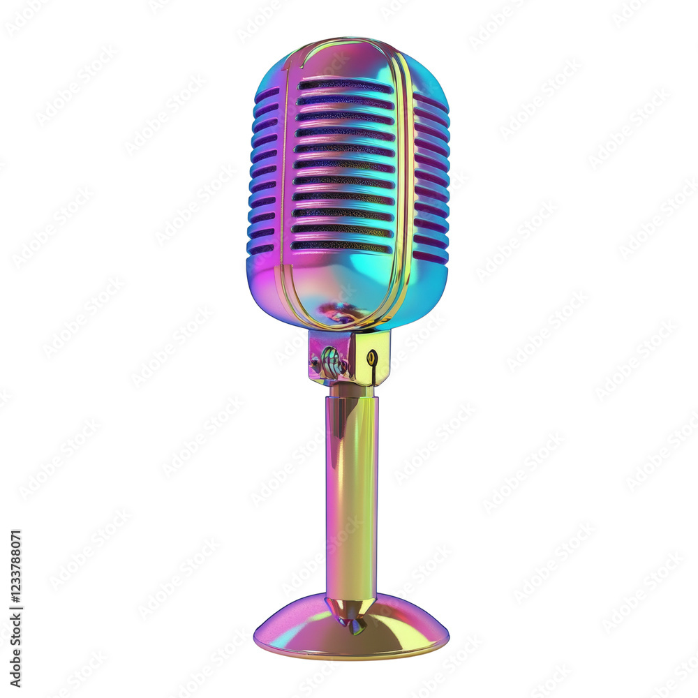 Poster a vibrant iridescent retro microphone on a stand, showcasing a colorful and modern design.