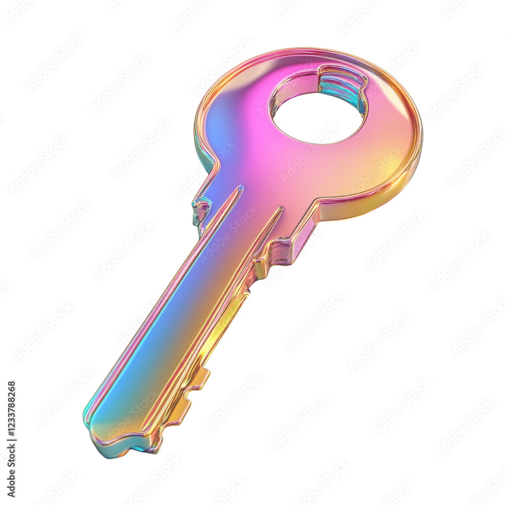 Poster A 3D rendered image showcases a vibrant iridescent key with a smooth metallic surface and rainbow-like colors.