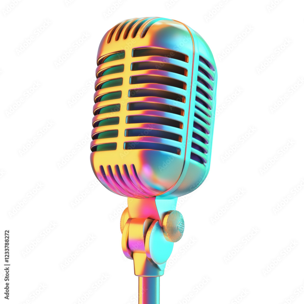 Poster the image showcases a 3d rendered retro microphone with a striking iridescent finish exhibiting a ra