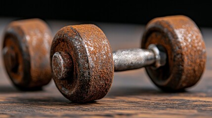 Rustic Iron Dumbbell: A close-up, textural image of an aged, rusty iron dumbbell, hinting at a history of strength training, set against a rough wooden surface.