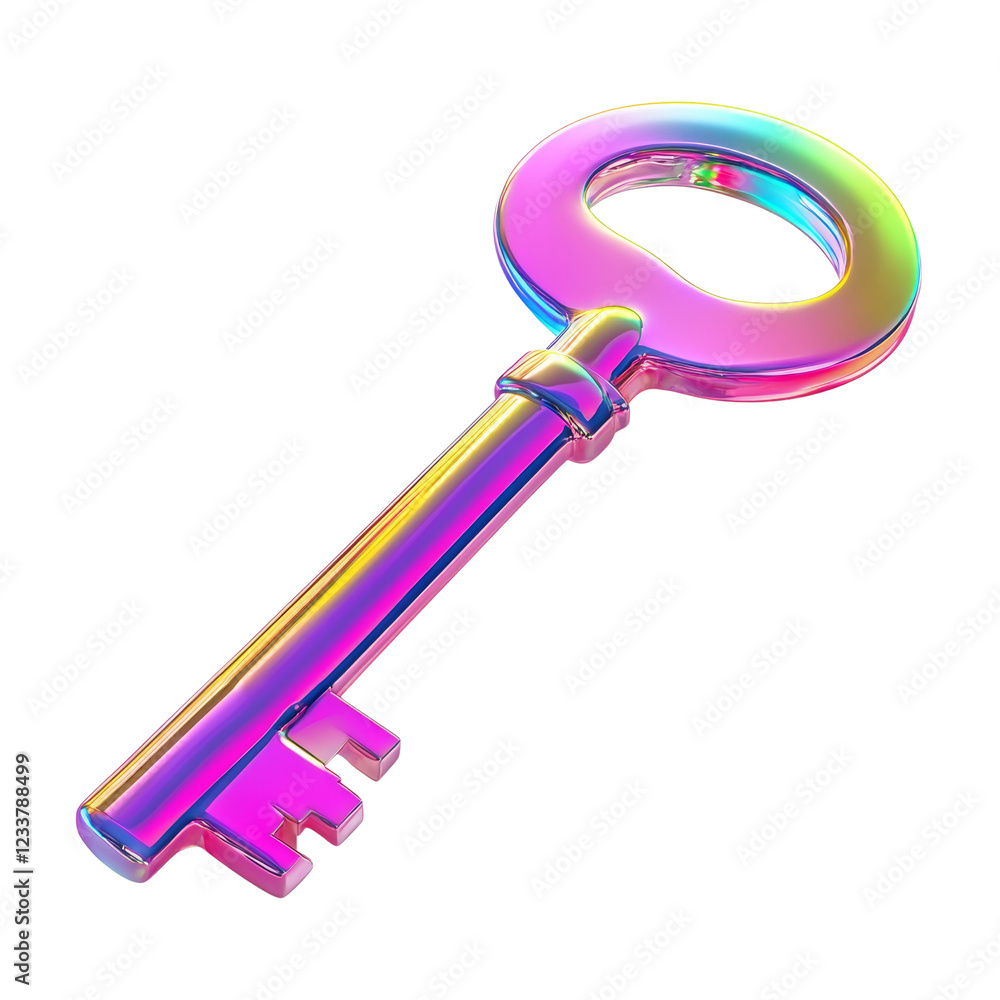 Poster A three dimensional render of a colorful iridescent skeleton key on a black background.