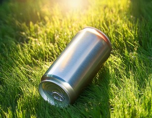 A Shiny Metallic Can Resting on Lush Green Grass in Soft Sunlight