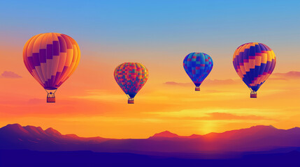 Fototapeta premium Albuquerque International Balloon Fiesta banner with bright sky blue and golden orange gradient background, colorful hot air balloons in various patterns floating
