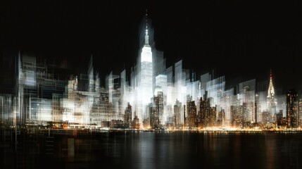 Obraz premium Dynamic financial charts illuminating new york skyline vibrant double exposure urban nightscape business visualization