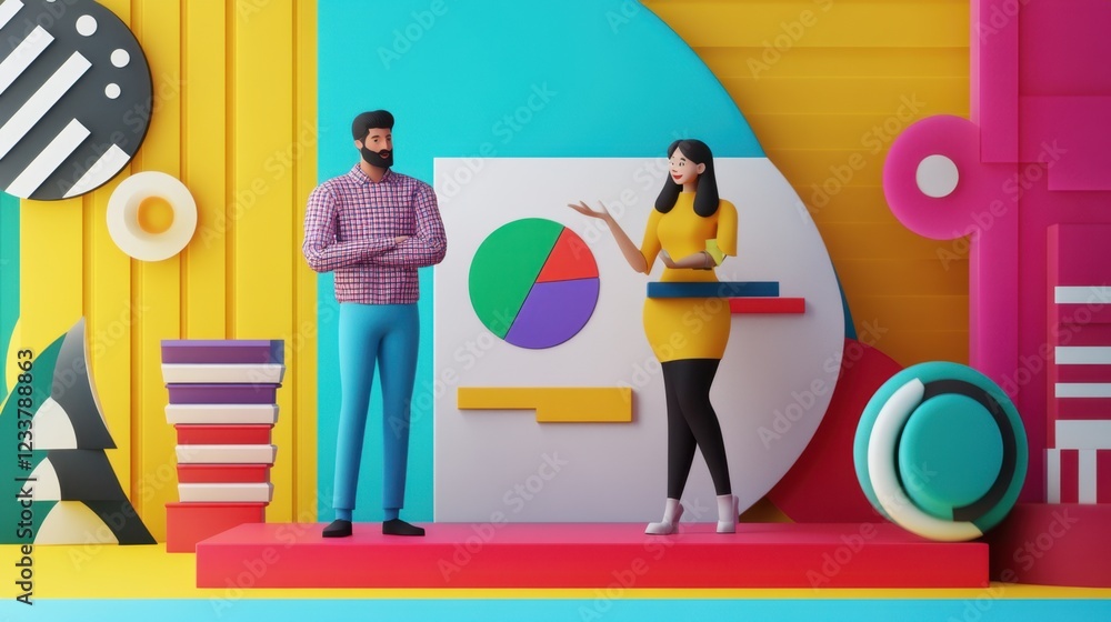 Aufkleber vibrant business presentation: a 3d render of a woman presenting data to a man against a colorful ge